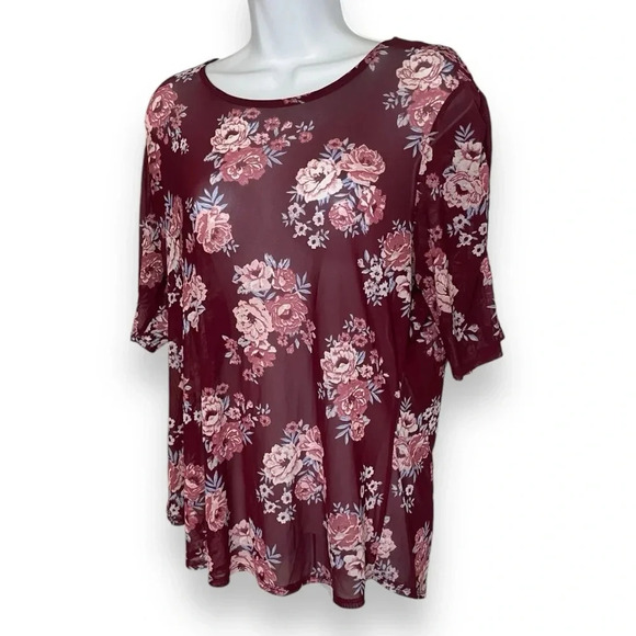 Burgundy Floral Print Mesh Blouse 3X (XXXL) Women’s Top- No Boundaries - Picture 8 of 9
